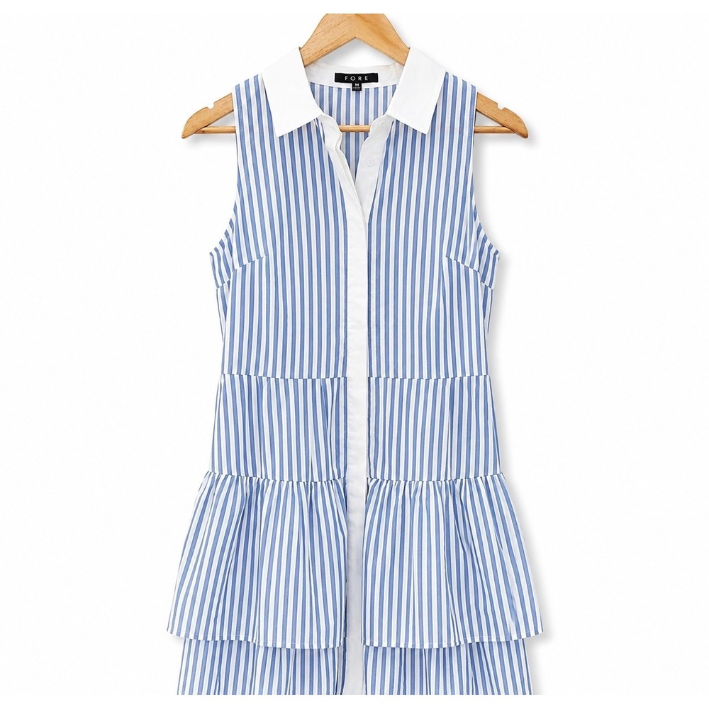 Fore NY&Co Blue White Striped Sleeveless Tiered Maxi Dress‎ Womens Medium NWT